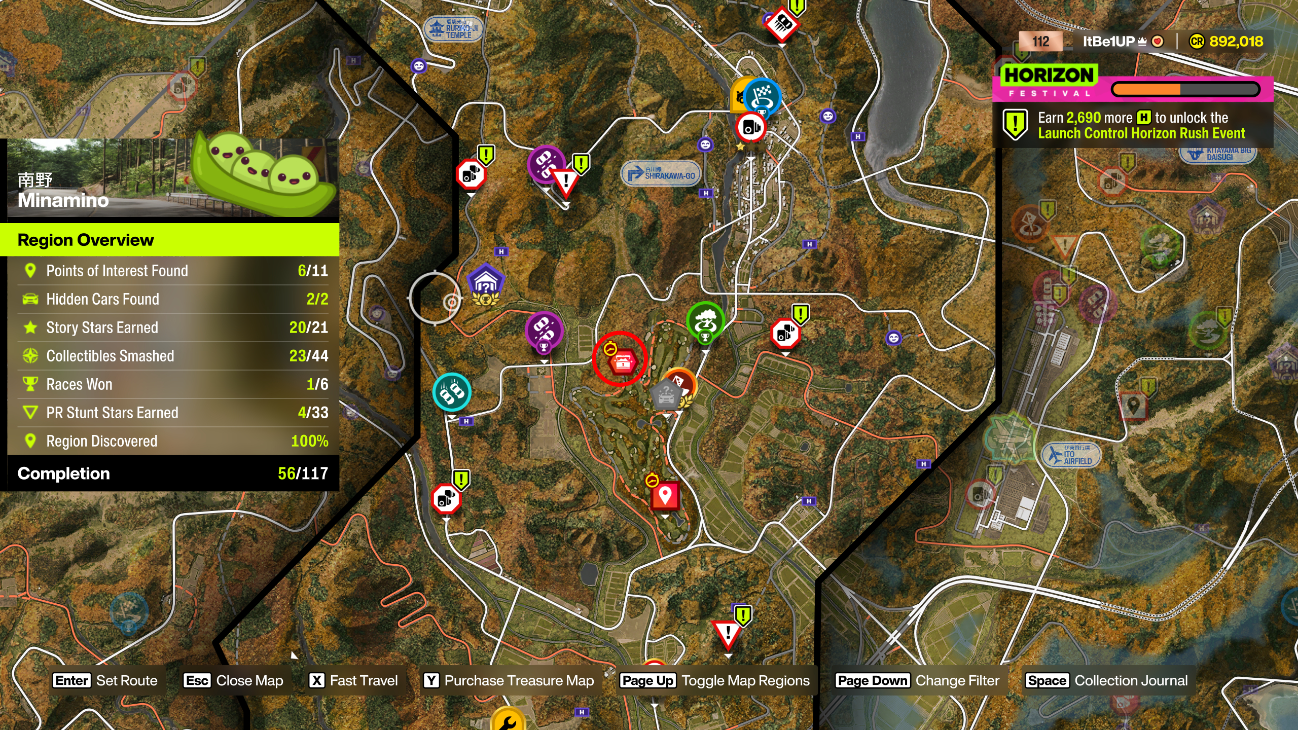 Forza Horizon 6 Minamino Treasure Hunt: Peta yang menunjukkan lokasi Festival Playlist Treasure Hunt di tengah wilayah Minamino.
