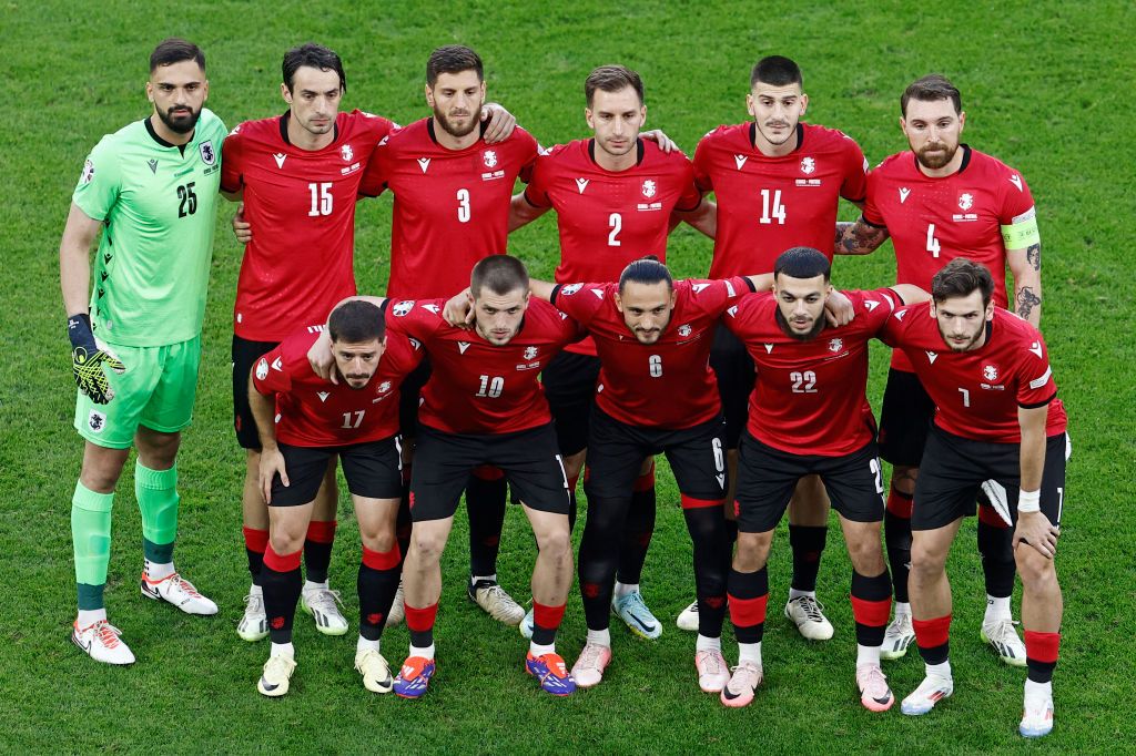 Georgia Euro 2024 squad Georgia&#039;s players including (From L) Georgia&#039;s goalkeeper #25 Giorgi Mamardashvili, Georgia&#039;s defender #15 Giorgi Gvelesiani, Georgia&#039;s midfielder #17 Otar Kiteishvili, Georgia&#039;s defender #03 Lasha Dvali, Georgia&#039;s midfielder #10 Giorgi Chakvetadze, Georgia&#039;s defender #02 Otar Kakabadze, Georgia&#039;s midfielder #06 Giorgi Kochorashvili, Georgia&#039;s defender #14 Luka Lochoshvili, Georgia&#039;s forward #22 Georges Mikautadze, Georgia&#039;s defender #04 Guram Kashia and Georgia&#039;s forward #07 Khvicha Kvaratskhelia pose prior to the UEFA Euro 2024 Group F football match between Georgia and Portugal at the Arena AufSchalke in Gelsenkirchen on June 26, 2024. (Photo by KENZO TRIBOUILLARD / AFP) (Photo by KENZO TRIBOUILLARD/AFP via Getty Images)