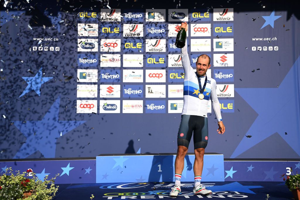 TRENTO ITALY SEPTEMBER 12 Sonny Colbrelli of Italy celebrates winning the gold medal after the 27th UEC Road Cycling European Championships 2021 Elite Mens Road Race a 1792km race from TrentoPiazza Duomo to TrentoPiazza Duomo UECcycling on September 12 2021 in Trento Italy Photo by Justin SetterfieldGetty Images