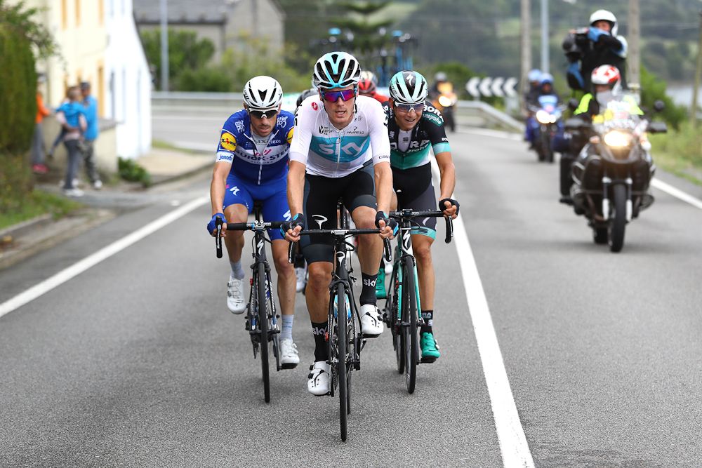 Dylan Van Baarle, Dries Devenyns and Davide Formolo ride in the breakaway during stage 12 at the Vuelta
