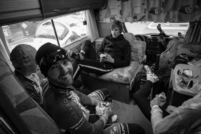 The UnitedHealthcare team relaxes in the bus before the start of the team time trial.
