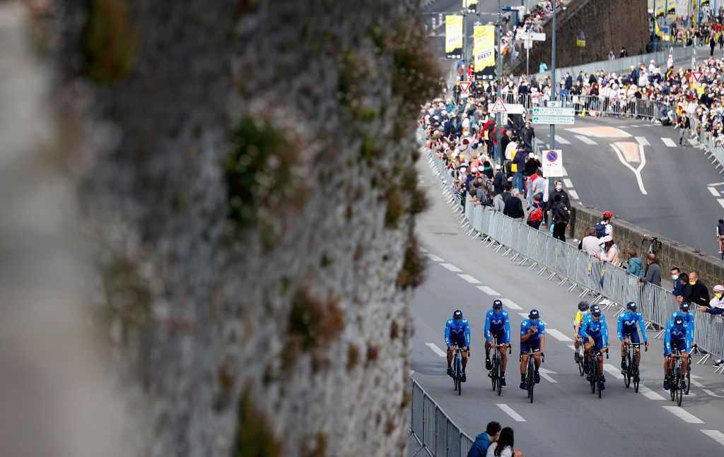 BREST FRANCE JUNE 24 Alejandro Valverde of Spain Carlos Verona of Spain Enric Mas of Spain Imanol Erviti of Spain Ivn Garca Cortina of Spain Jorge Arcas of Spain Marc Soler of Spain Miguel ngel Lpez of Colombia and Movistar Team during the 108th Tour de France 2021 Team Presentation Public Fans Landscape LeTour TDF2021 on June 24 2021 in Brest France Photo by Chris GraythenGetty Images
