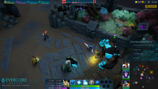 A screenshot of Evercore Heroes showing players facing off against a large, troll-like enemy.
