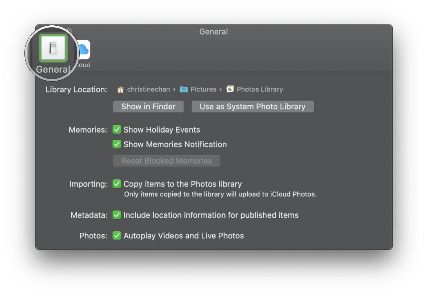 How to use iCloud Photo Library on Photos for Mac by showing steps: In Preferences, click General