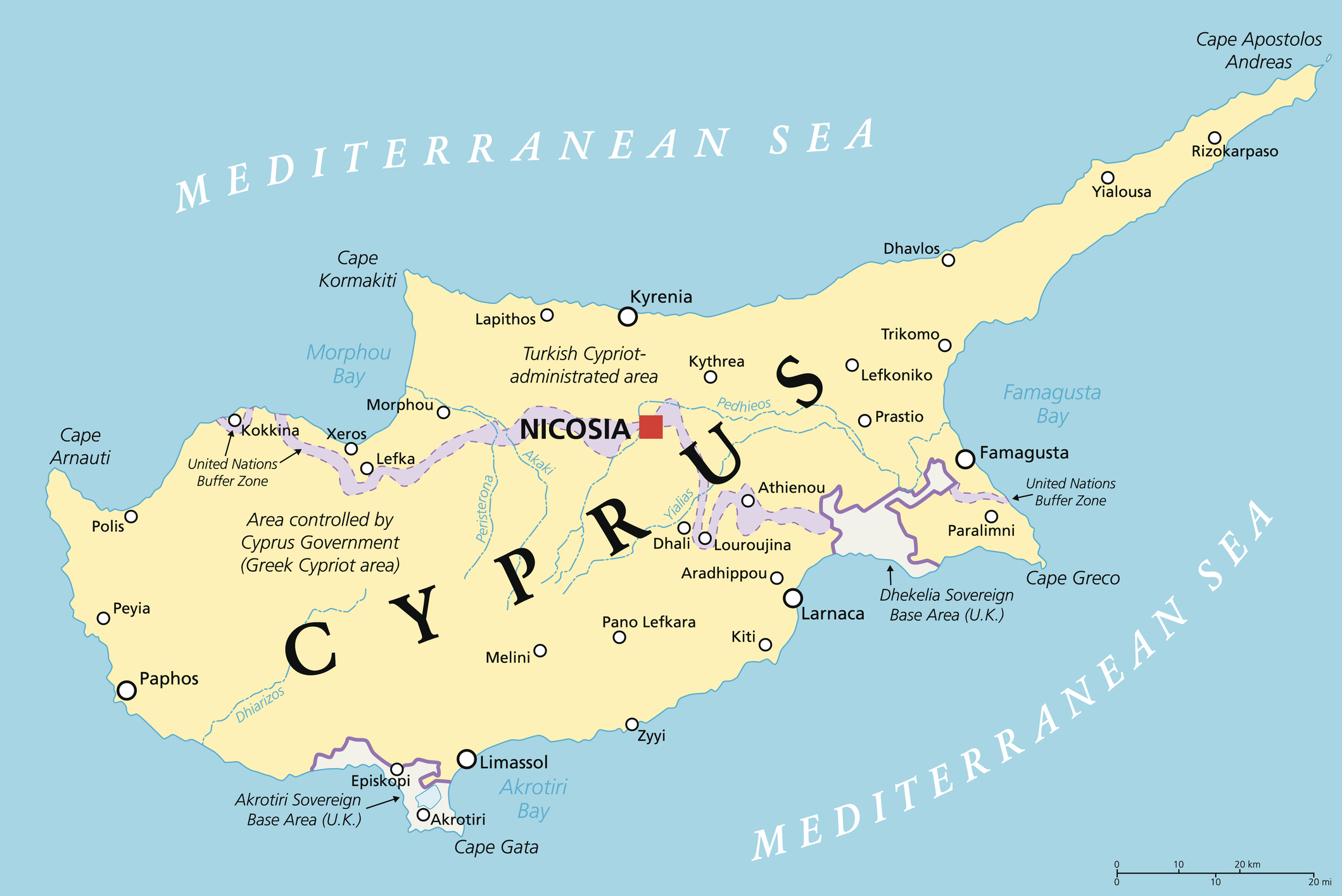 A detailed map of Cyprus.
