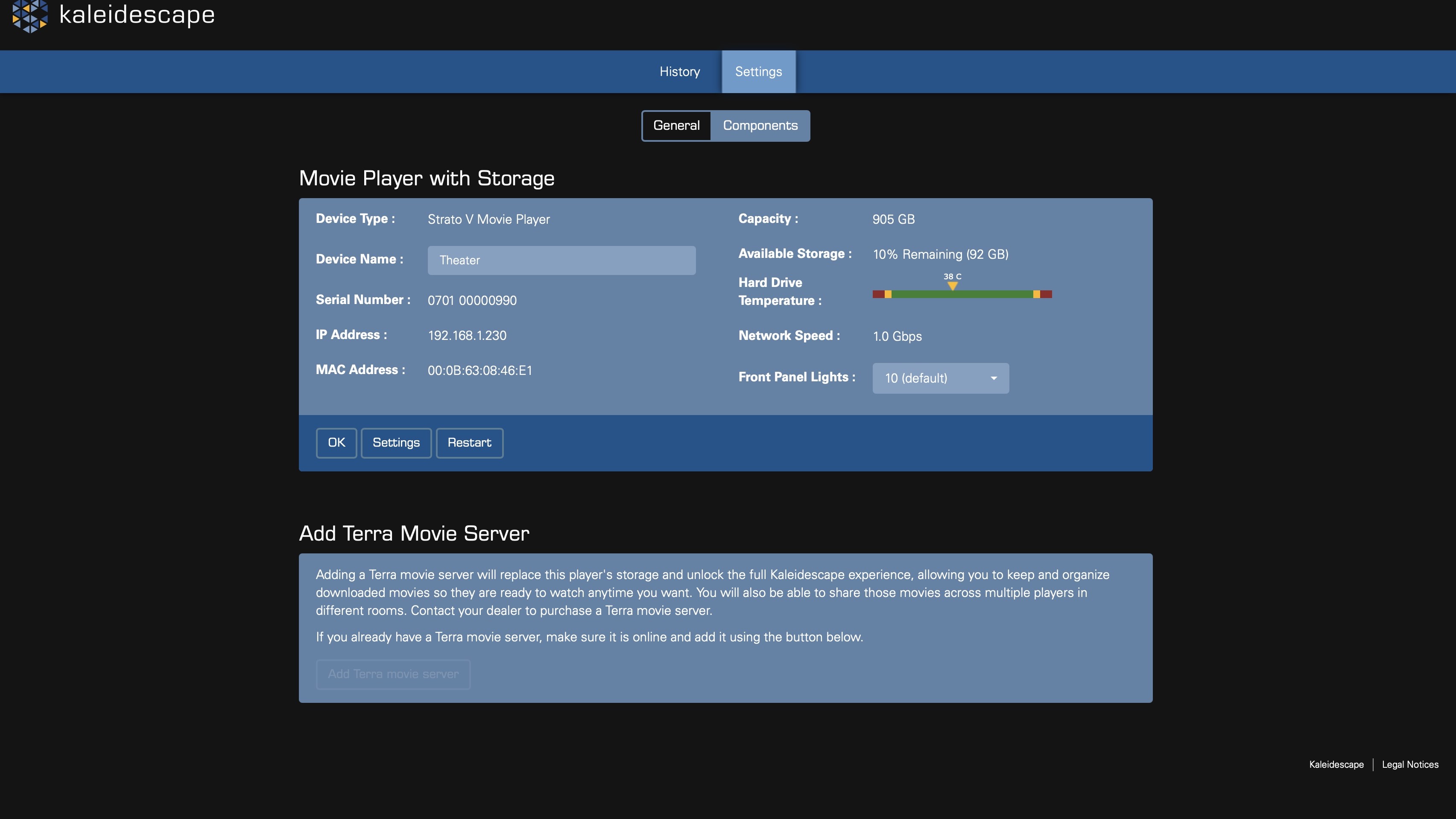 Kaleidescape Strato V web setup interface