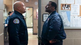 Joe Minoso as Joe Cruz, Eamonn Walker as Chief Wallace Boden in Chicago Fire season 12