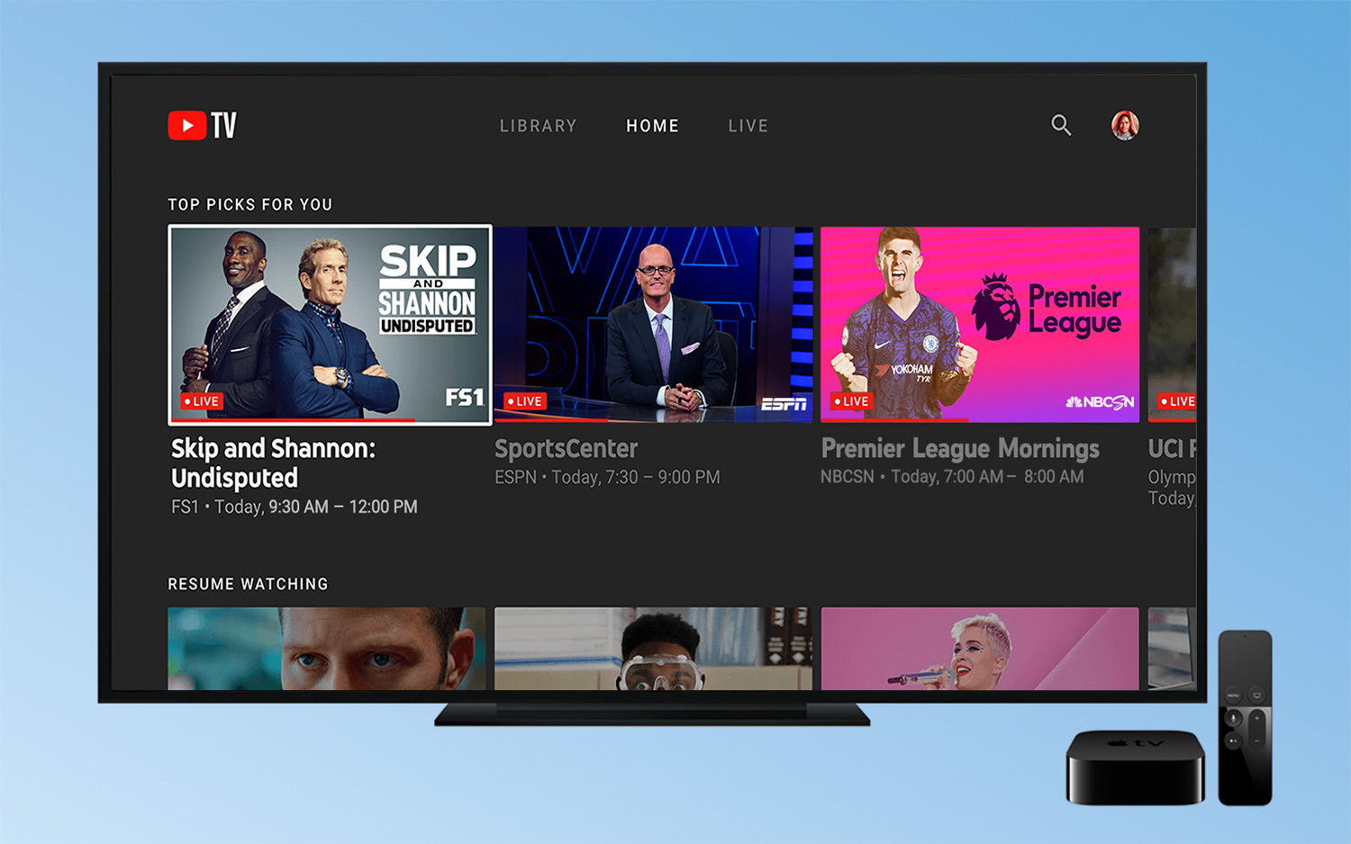 YouTube TV shown on the Apple TV