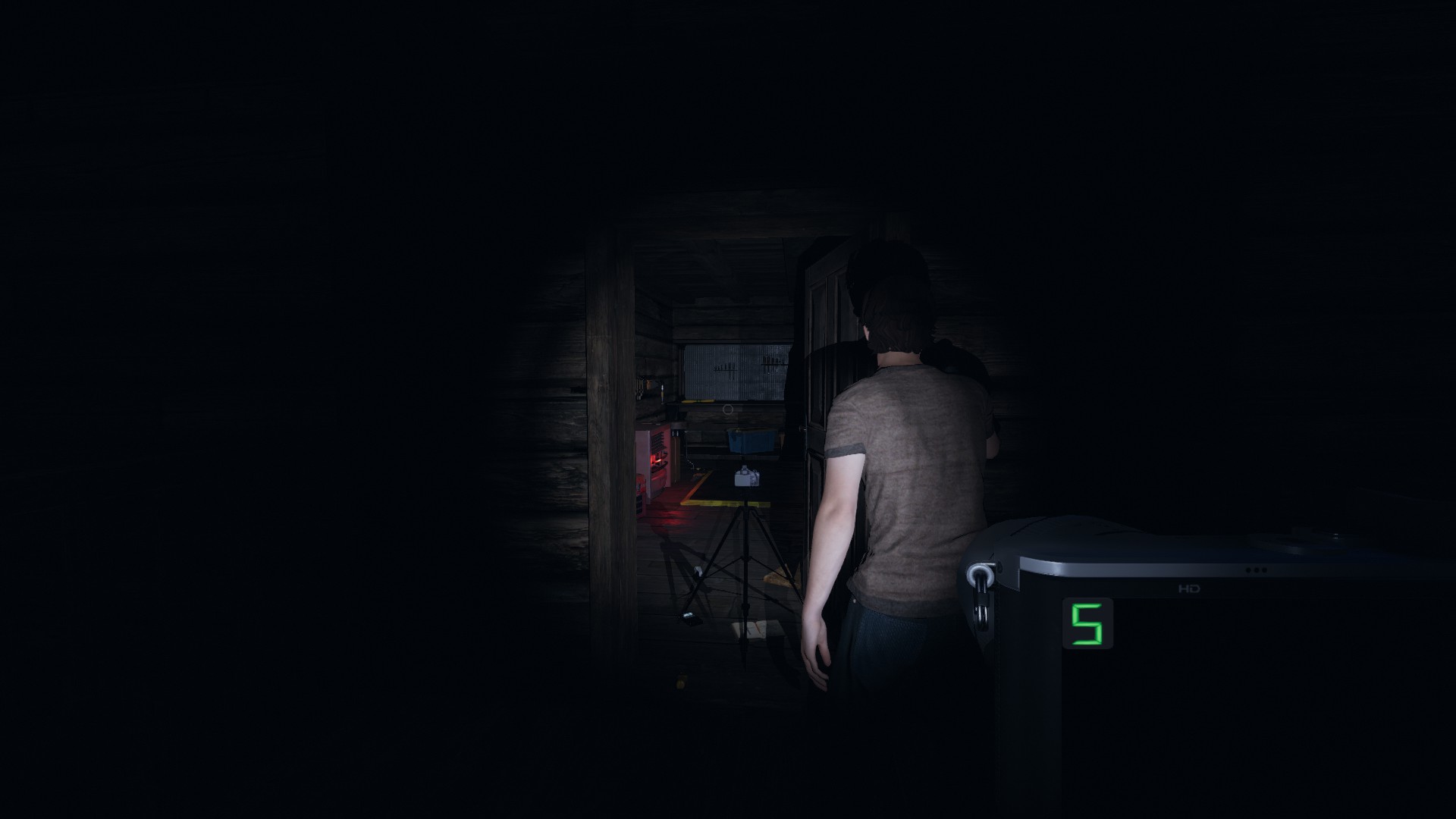 Phasmophobia co-op - A player holds a camera while looking at another player's back in a dark house.