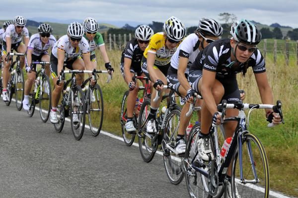 The NZ National Team lead by Mel Burke go to work at the front of the race.