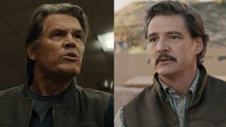 Josh Brolin as an upset father in Weapons (2025), Pedro Pascal looking a bit worried in Eddington (2025).
