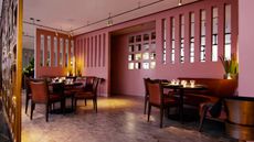 Dining room decorated in pink tones