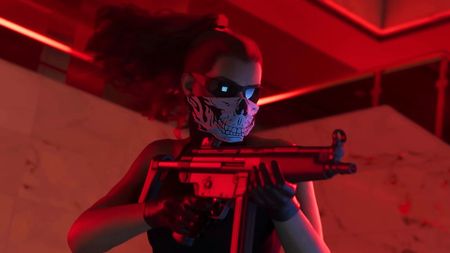 GTA 6 protagonist Lucia points a gun at someone while wearing a mask