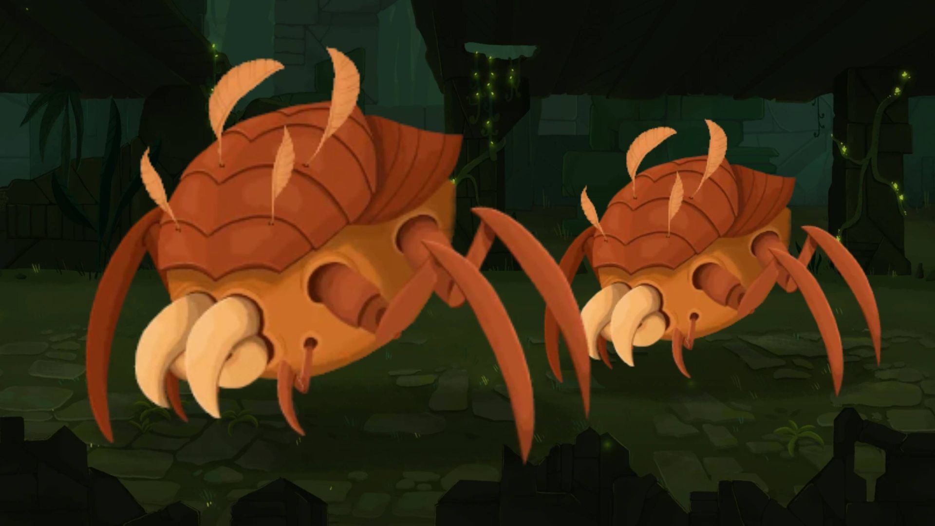 Two Mytes, brown bugs with 6 legs and teeth in front, blown up against a StS2 background