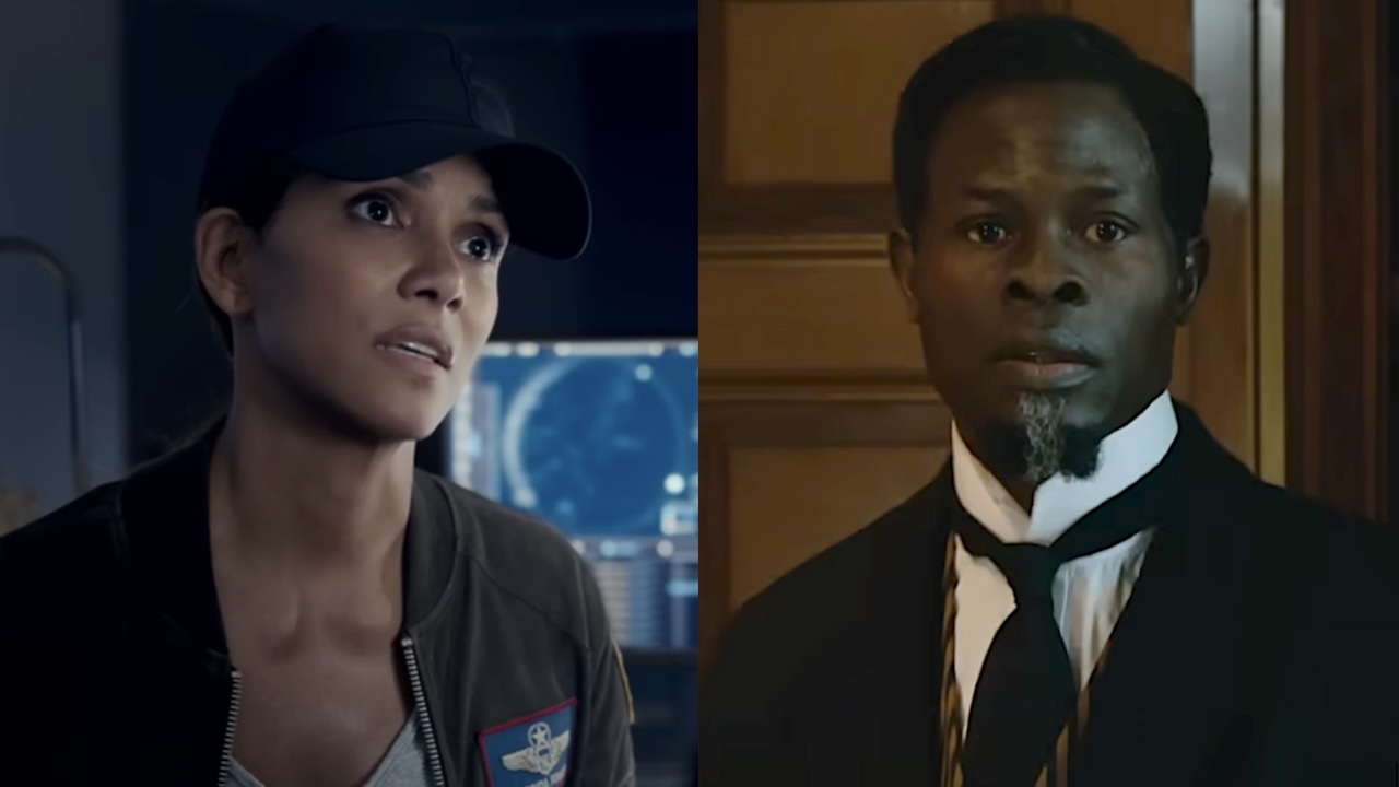 Halle Berry wearing a baseball cap in Moonfall/ Djimon Hounsou wearing a vintage suit in The King's Man (side by side image)