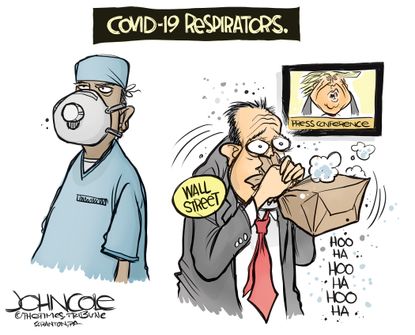Political Cartoon U.S. Trump Wall Street COVID-19 masks respirators stock market