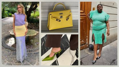 A collage of photos of different Instagram outfits featuring unexpected spring color trends, including lilac, emerald green, and marigold yellow.