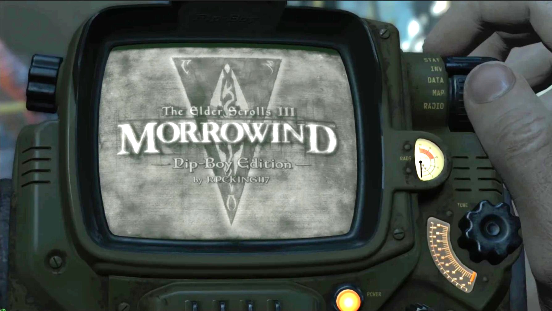 Morrowind title screen shown in black  and white on Fallout 4 pipboy