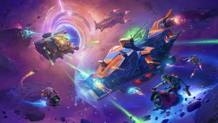 Colorful key art for Wildgate showing spaceships flying towards one another at speed while exchanging laser fire, smaller crew members circling around them - in the background, purple-tinged space warps and distorts