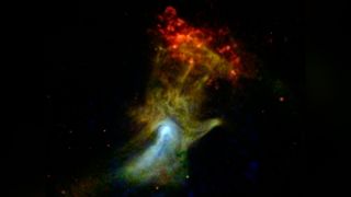 Nicknamed the "Hand of God," this object is called a pulsar wind nebula and is powered by the leftover, dense core of a star that blew up in a supernova explosion. In this image, X-ray light seen by NASA's Chandra X-ray Observatory with energy ranges of 0.5 to 2 kiloelectron volts (keV) and 2 to 4 keV is shown in red and green, respectively, while X-ray light detected by NASA's Nuclear Spectroscopic Telescope Array (NuSTAR) in the higher-energy range of 7 to 25 keV is blue.