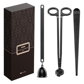 A set of three black candle tools - a snuffer, a wick trimmer, and a set of tweezers next to a matching black box.