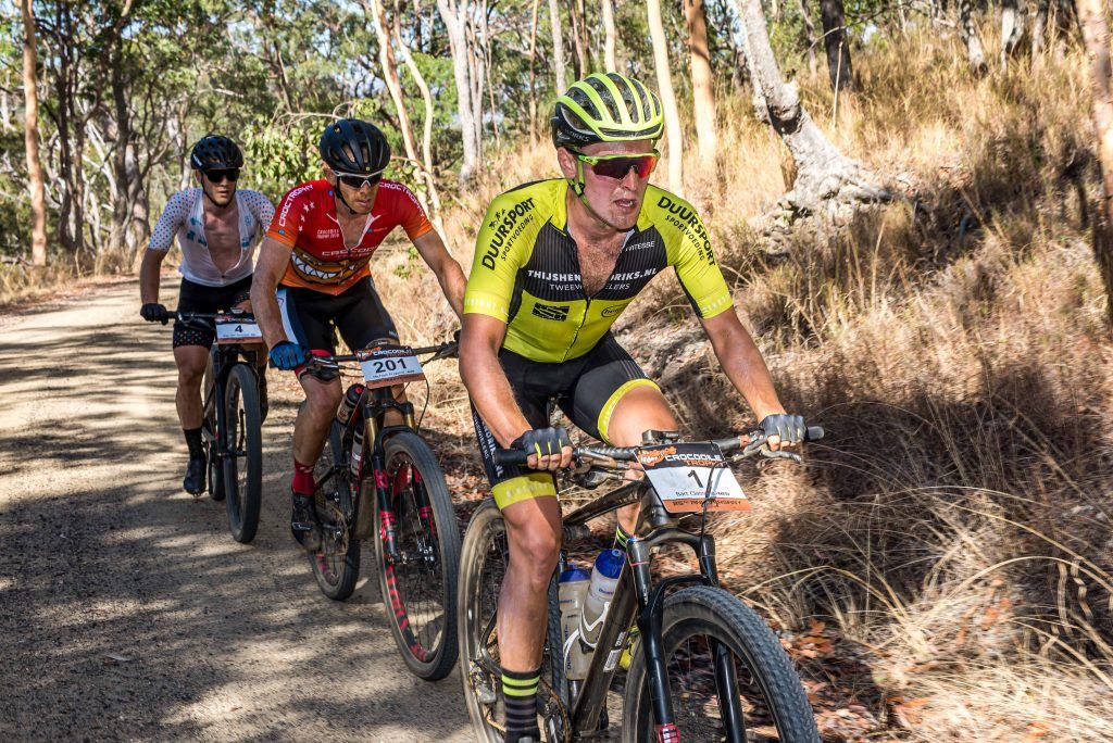 Stage 2 winner Bart Classes leads overall leader Michael England and Stijn Van Borstal at the 2019 Crocodile Trophy