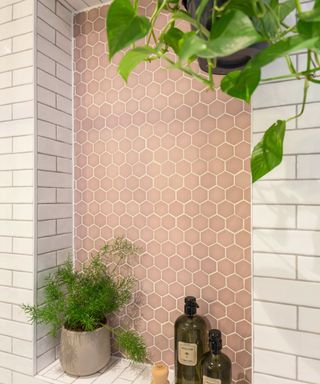 A bathroom wall panel with pink mosaic tiles on it, a plant and two brown bottles on on the ledge beneath it, white subway tiles around it and a green leafy plant above it