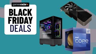 Black Friday Newegg deals image with PC, RTX 4080, and Intel CPU box with teal backdrop and badge on left