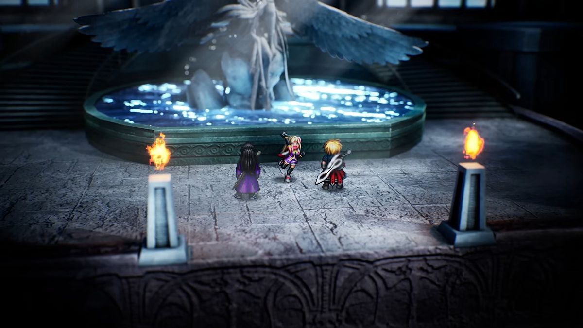A group of three characters stands in front of a large, illuminated statue within a dimly lit environment. There are torches casting a flickering light, and water is visible in the basin surrounding the statue.