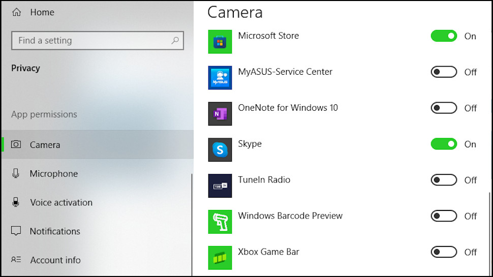Permissions de l'application Caméra de Windows 10