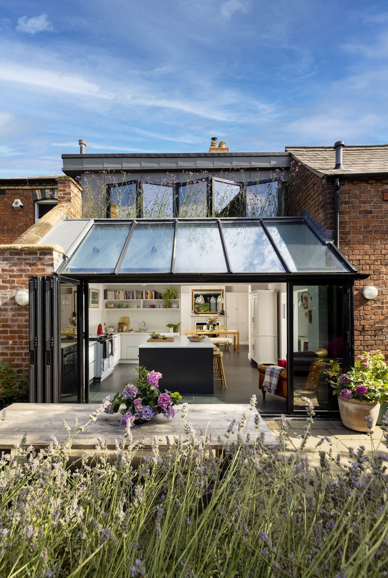 view from garden into glass kitchen extension