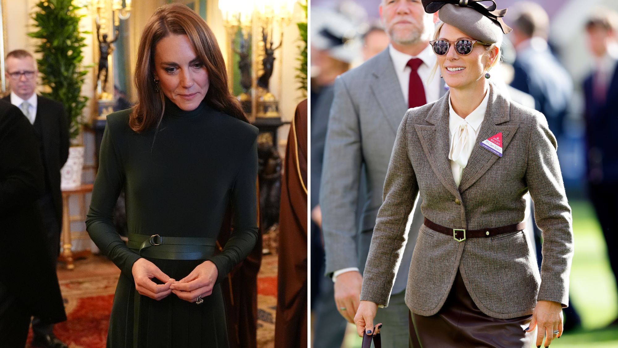 A composite of a picture of Kate Middleton wearing a belted dress in October 2026 and a picture of Zara Tindall wearing a belted jacket in October 2026