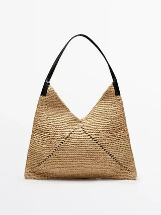 Raffia Flat Shopper Bag With Leather Handle