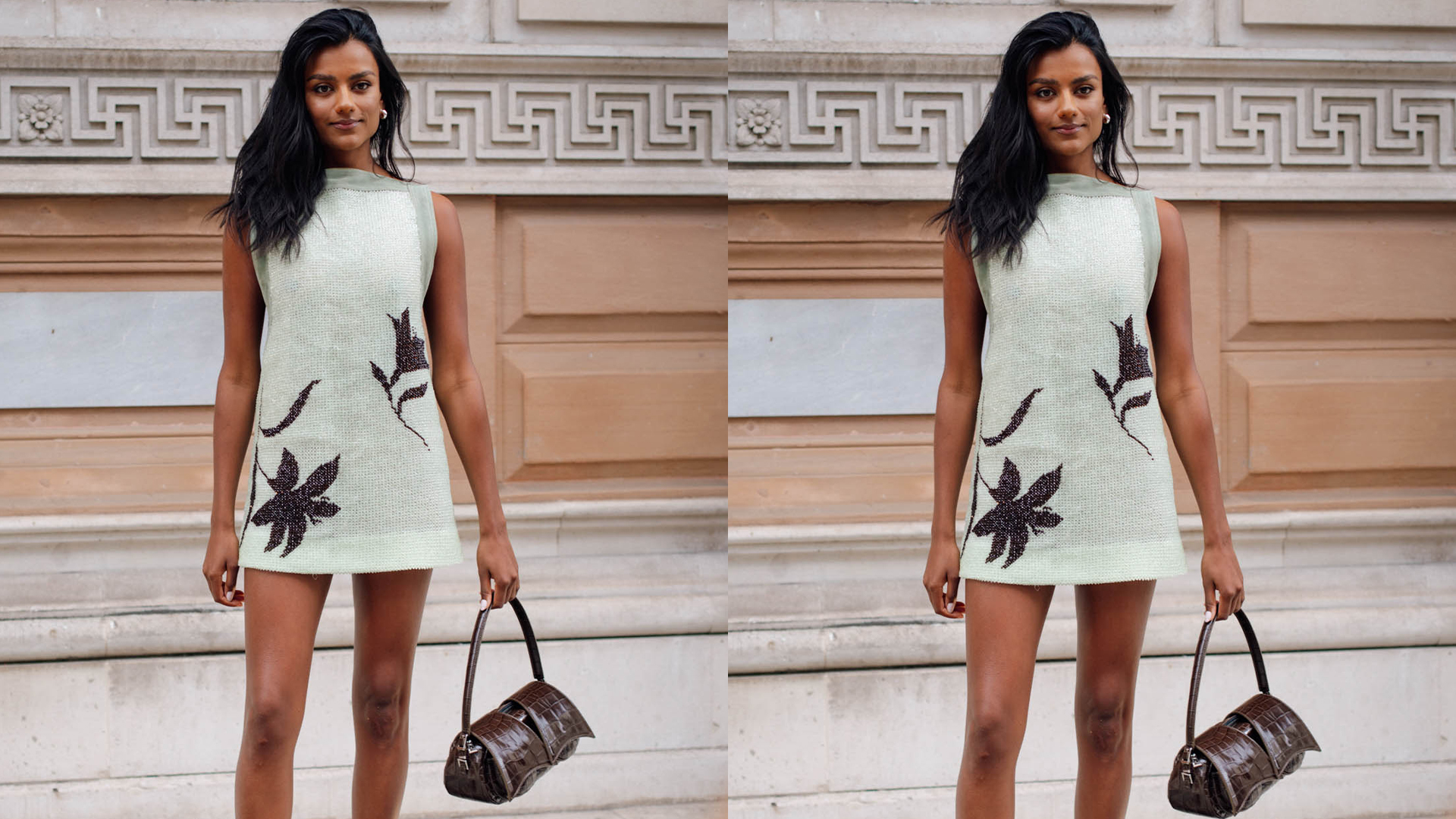 Simone Ashley wears mini dress and brown bag. 