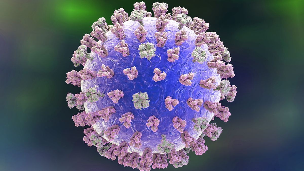 An illustration of a flu virus depicted in shades of purple