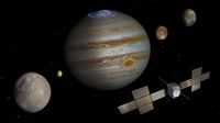 A spacecraft, Jupiter and various moons are illustrated in space.