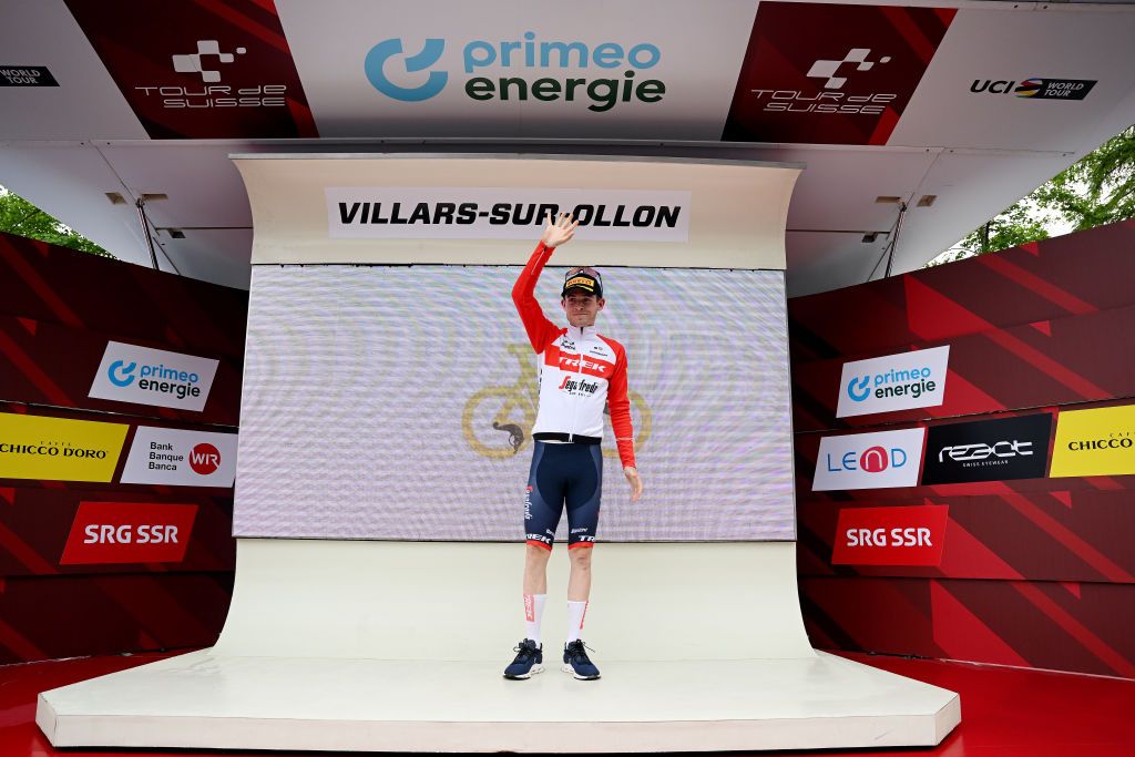 VILLARSSUROLLON SWITZERLAND JUNE 13 Mattias Skjelmose Jensen of Denmark and Team TrekSegafredo celebrates at podium as stage winner during the 86th Tour de Suisse 2023 Stage 3 a 1438km stage from Tafers to VillarssurOllon 1256m UCIWT on June 13 2023 in VillarssurOllon Switzerland Photo by Dario BelingheriGetty Images