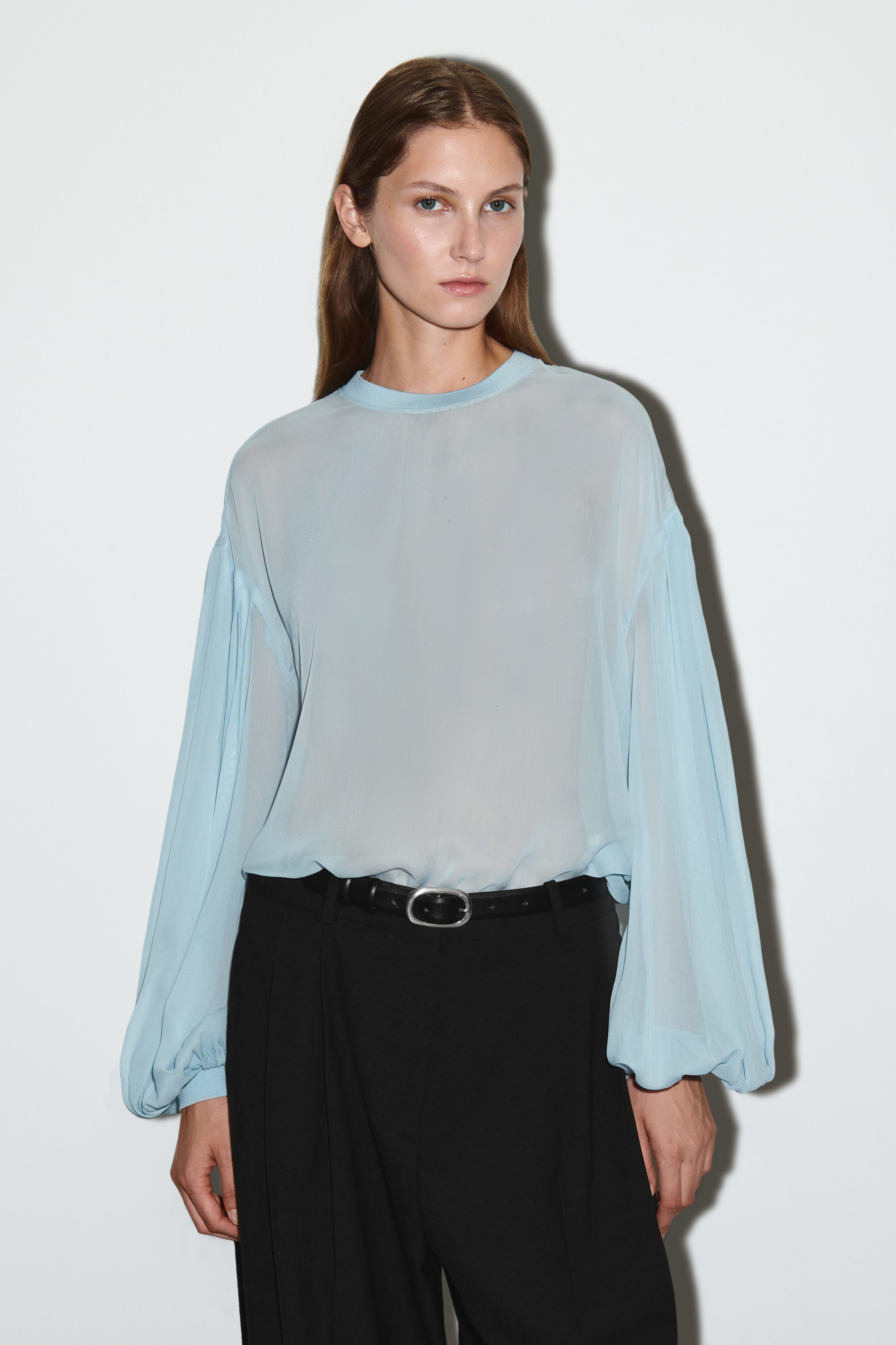 Sheer Balloon-Sleeve Blouse
