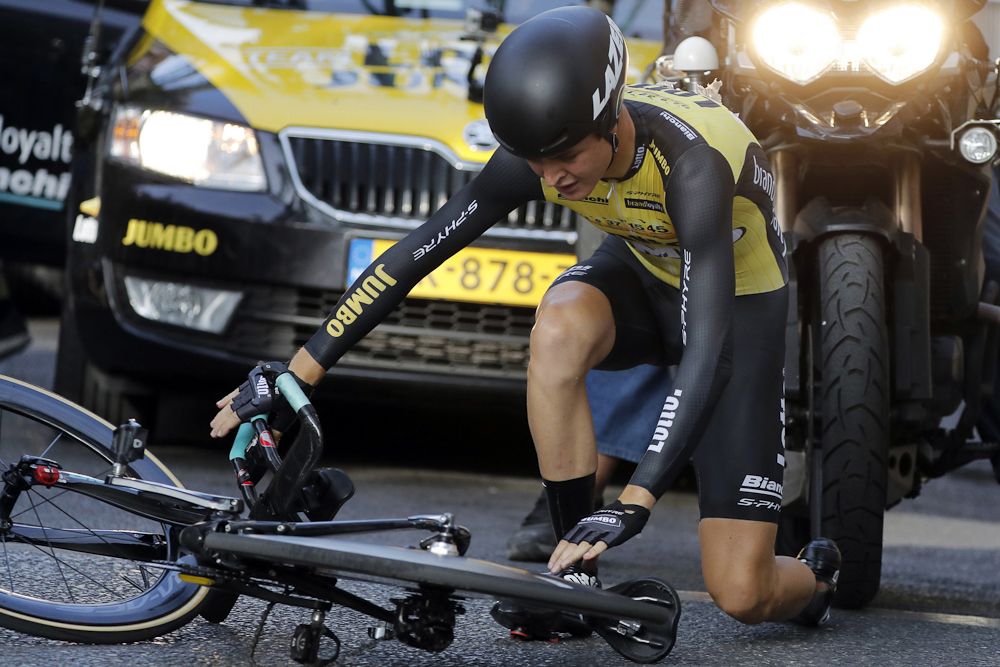A LottoNL-Jumbo rider picks himself up off the tarmac