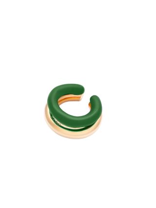 A golden and green ear-cuff features two joint semi-circles in different shades.