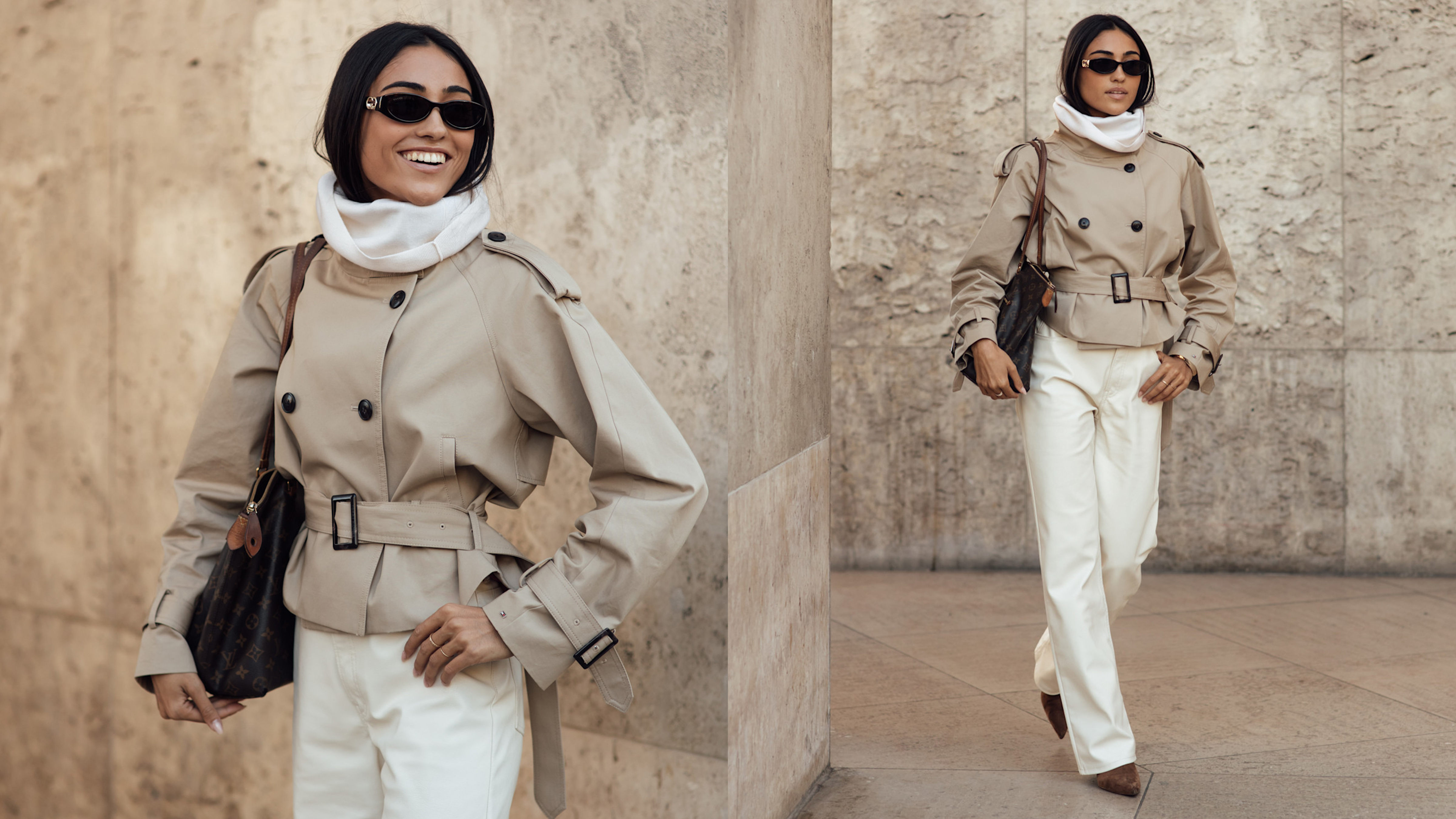 Woman in high-neck cropped trench, white jeans, and brown boots. 