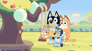 Cartoon blue heeler dogs Bingo and Bluey with their parents Bandit and Chilli in a back garden setting