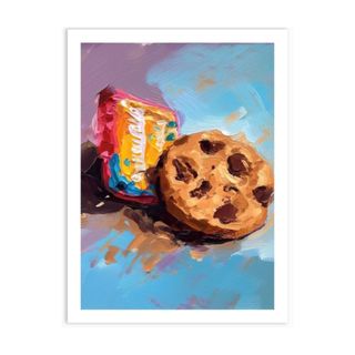 A watercolor artwork of a chocolate chip cookie