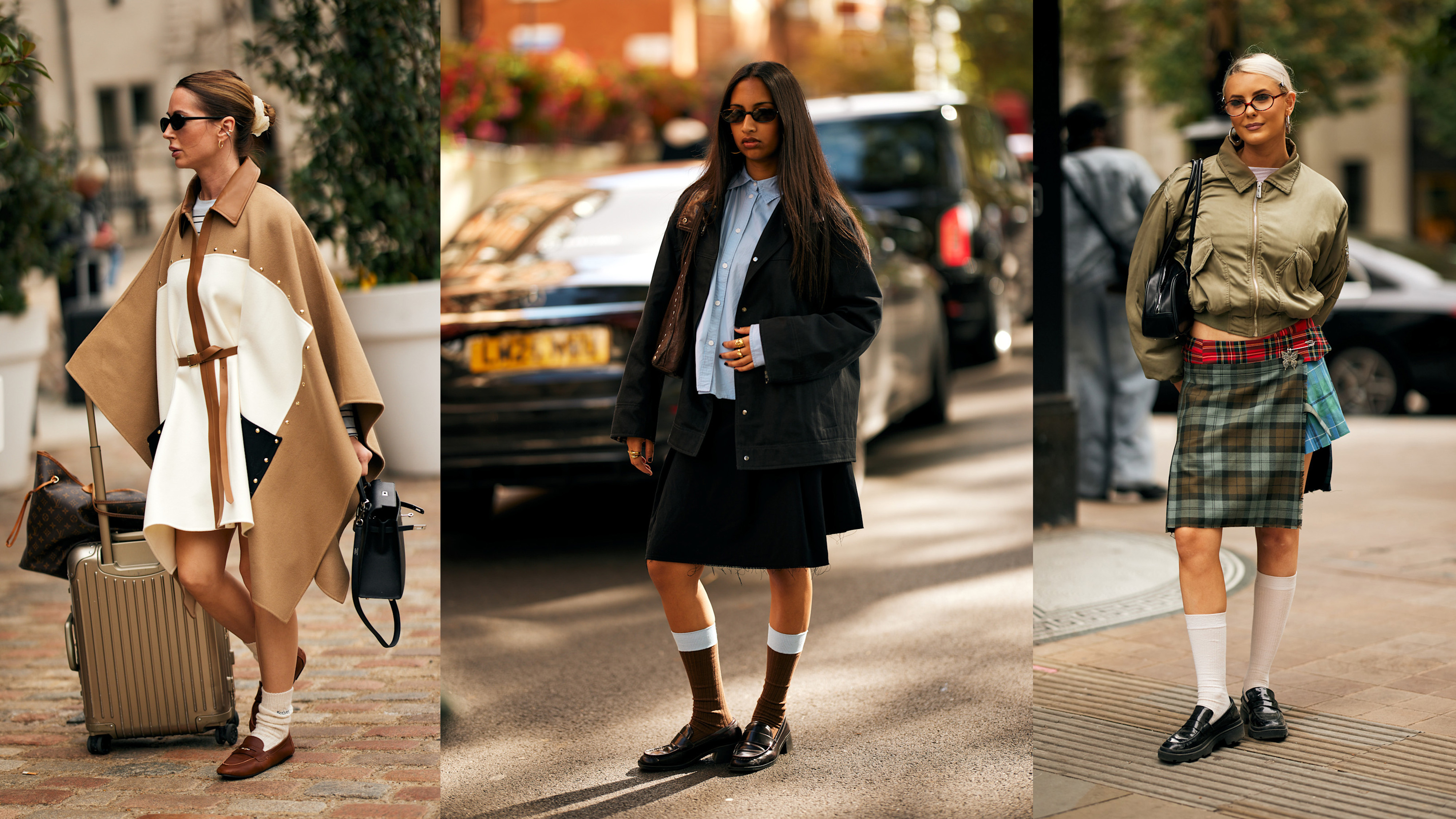 Three women in london wear different outfits but all with loafers and socks.