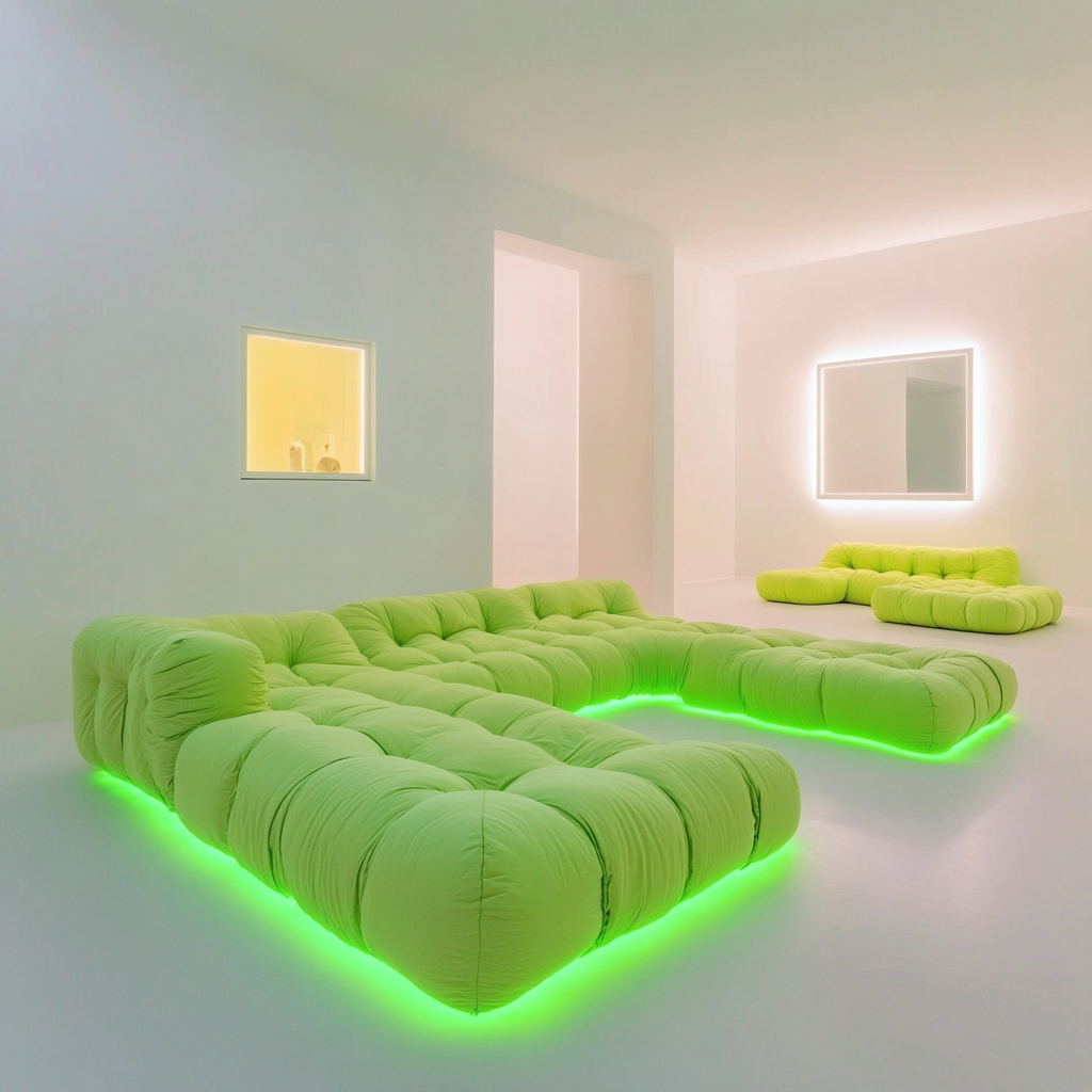a lime green sofa with neon lights glowing underneath