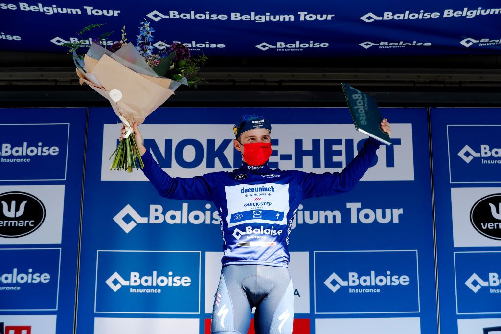 KNOKKEHEIST BELGIUM JUNE 10 Remco Evenepoel of Belgium and Team Deceuninck QuickStep Blue leader jersey during the 90th Baloise Belgium Tour 2021 Stage 2 a 112km Individual Time Trial stage from KnokkeHeist to KnokkeHeist ITT baloisebelgiumtour on June 10 2021 in KnokkeHeist Belgium Photo by Bas CzerwinskiGetty Images