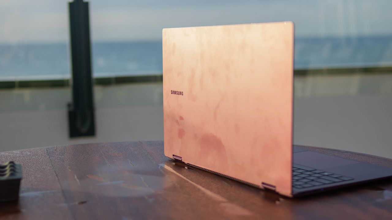 A photograph of the Samsung Galaxy Book2 Pro 360 on a table
