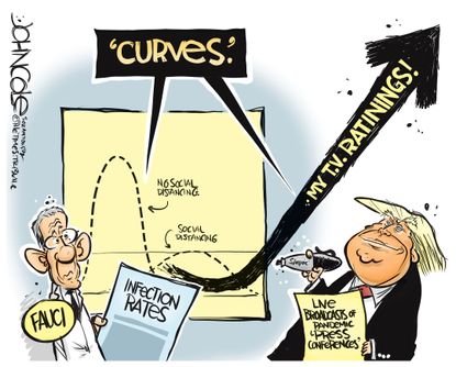 Political Cartoon U.S. Trump Anthony Fauci Coronavirus TV ratings social distancing curves