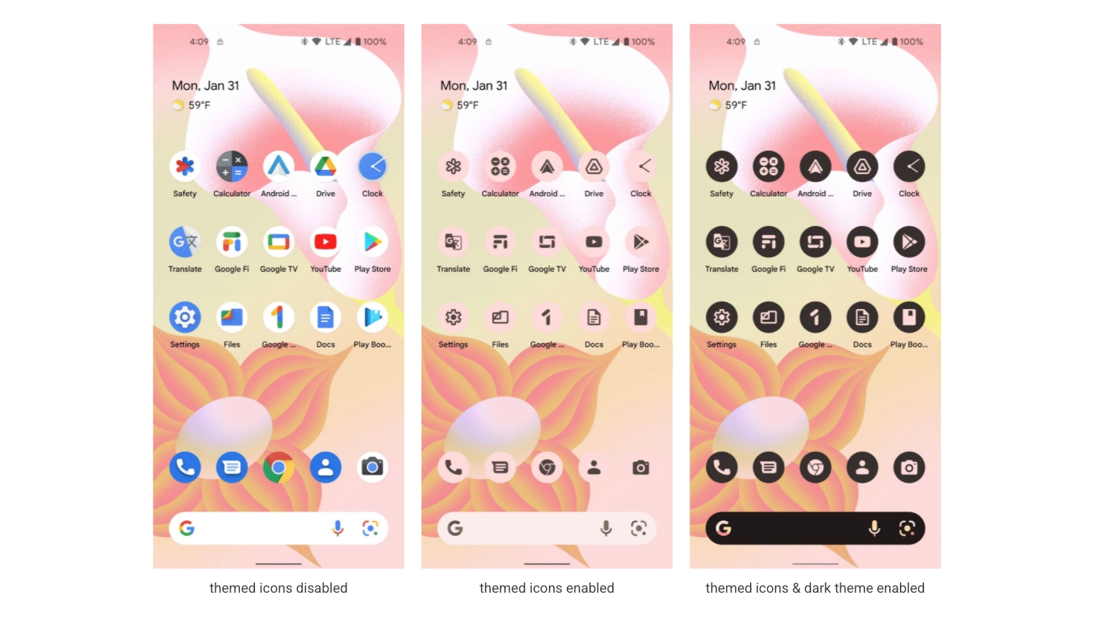 Three screenshots showing themed icons in Android 13