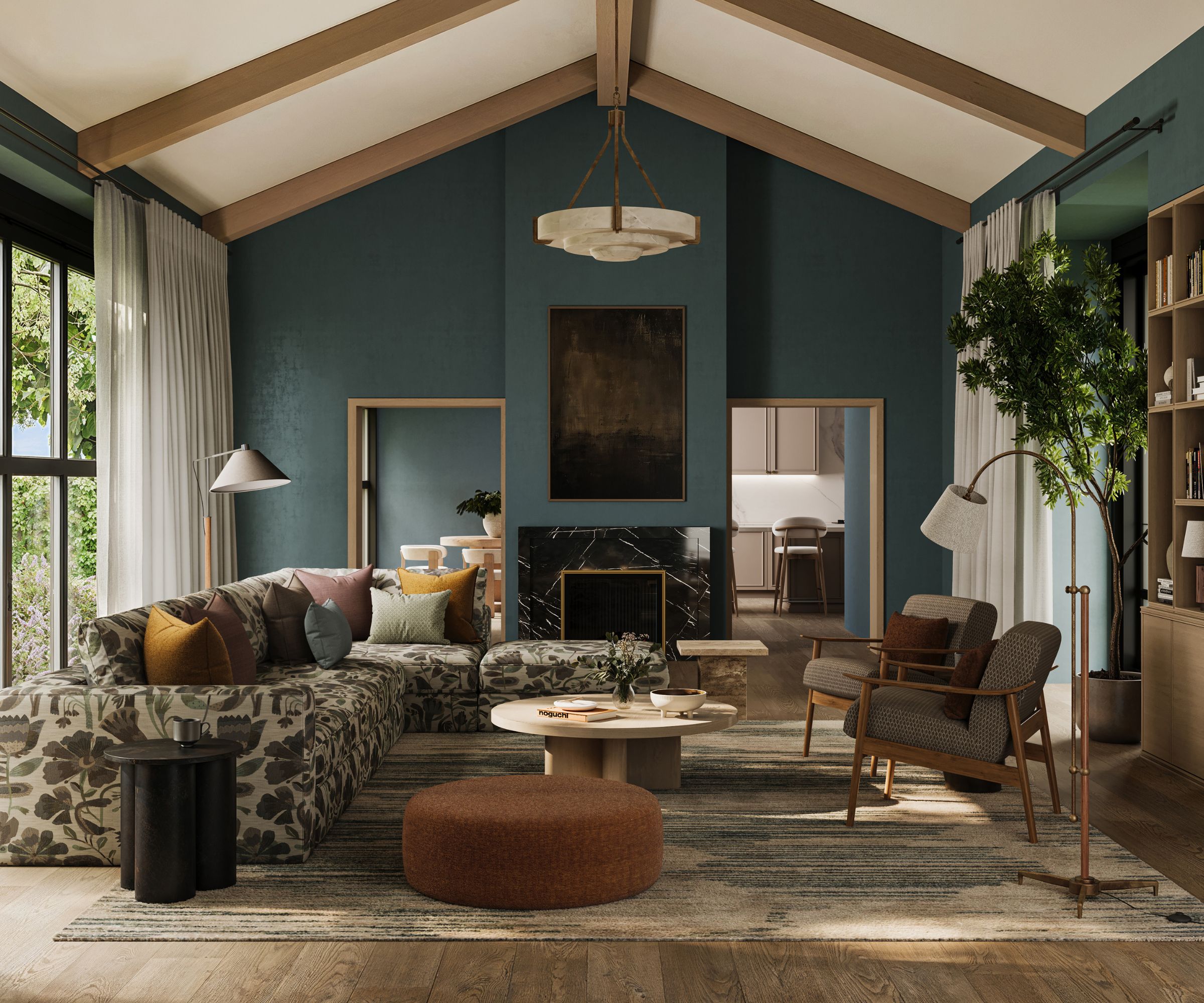 large living room with muted blue wall and sloped ceiling, neutral decor and a floral corner sofa